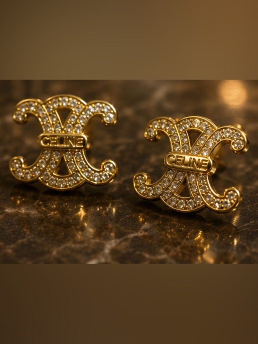 Gold Tone Crystal Logo Statement Stud Earrings Vintage Glam